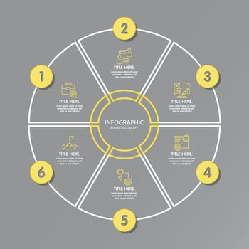 Yellow and Gray colors for circle infographic with thin line icons. 6 options or steps for infographics. vector