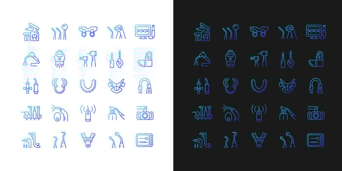 Dentistry tools and materials gradient icons set for dark and light mode. Dental procedures. Thin line contour symbols bundle. Isolated vector outline illustrations collection on black and white