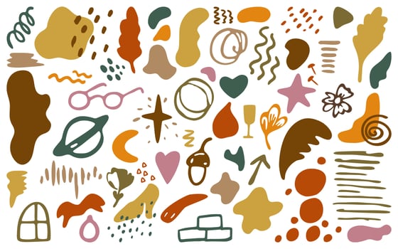 Abstract shapes set hand-drawn in doodle style. Spots, smudges, stripes, flowers, drops, glasses, planet, shoes, star, glass, zigzag, handwriting, leaves. For design or decor in a cute casual style. vector