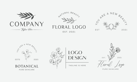 Botanical Floral element Vector Trendy Hand Drawn Logo with Wild Flower and Leaves. Logo for spa and beauty salon, boutique, organic shop, wedding, floral designer, interior, photography, cosmetic.