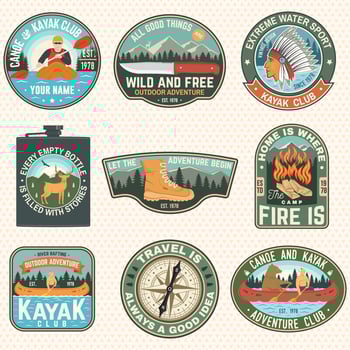Set of Summer camp badges, patches. Vector. Concept for shirt or logo, print, stamp, patch or tee. Design with campfire, knife, hiking boots, canoe or kayak and forest silhouette vector