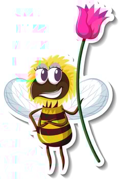 Funny bee holding a flower cartoon character sticker vector