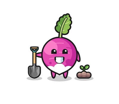 cute turnip cartoon is planting a tree seed vector
