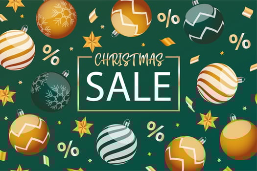 Christmas sale - green and gold balls. Vector illustration.