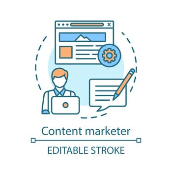 Content marketer concept icon. Creating, publishing, distributing content idea thin line illustration. Leads generation. Copywriting specialty. Vector isolated outline drawing. Editable stroke