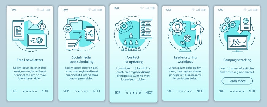 Marketing automation turquoise onboarding mobile app page screen vector template. Social media, emails walkthrough website steps with linear illustrations. UX, UI, GUI smartphone interface concept