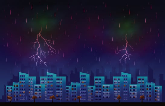 Thunder Storm Lightning Rainy Night City Building Skyline Cityscape Illustration vector
