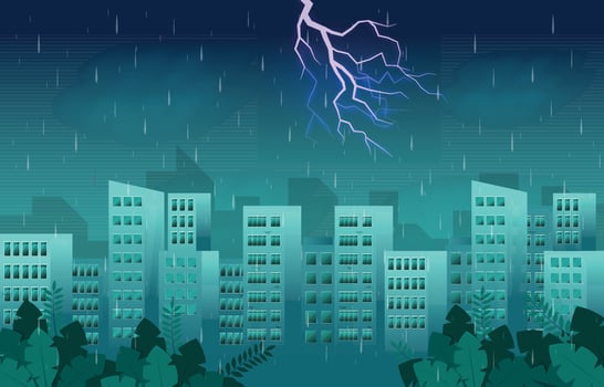 Thunder Storm Lightning Rainy Weather City Building Skyline Cityscape Illustration vector