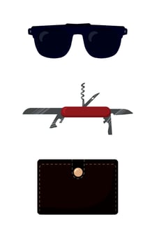 Male accessory set of sunglasses, pocket knife, wallet. Vector illustration