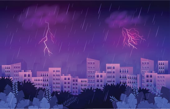 Thunder Storm Lightning Rainy Weather City Building Skyline Cityscape Illustration vector