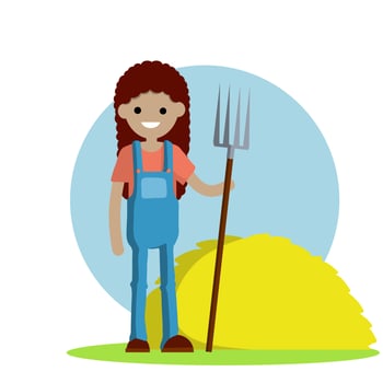 Farmer in blue jumpsuit and hat with fork in hands. Yellow haystack. Kind of profession. Rural woman. Rustic girl. Cartoon flat illustration. Production of natural food. Village character vector