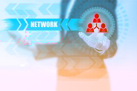 Businesswoman pressing people icon with network text on a virtual background photo