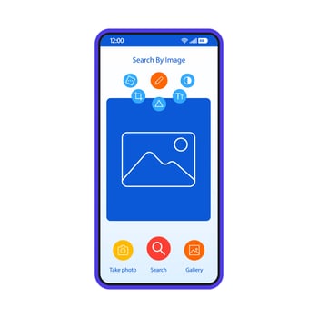 Search by image smartphone interface vector template. Mobile app page white design layout. Online photo editing. Filters, effect applying screen. Flat UI for application. Picture editor. Phone display