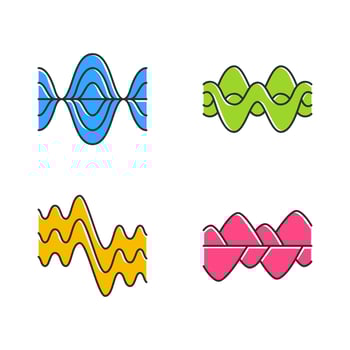 Sound waves color icons set. Vibration, noise amplitude, levels. Soundwaves, digital waveform. Audio, music, melody rhythm frequency. Wavy, curve abstract lines. Isolated vector illustrations