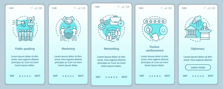 HR soft skills onboarding mobile app page screen vector template. Public speaking, mentoring, diplomacy. Employee abilities walkthrough website steps. UX, UI, GUI smartphone interface concept