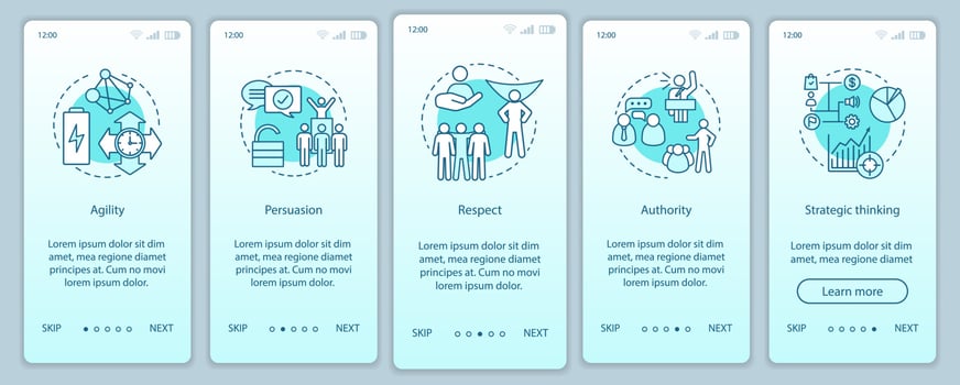 HR baseline skills onboarding mobile app page screen vector template. Employee soft qualities, abilities. Respect, authority, persuasion walkthrough website steps. UX, UI, GUI smartphone interface