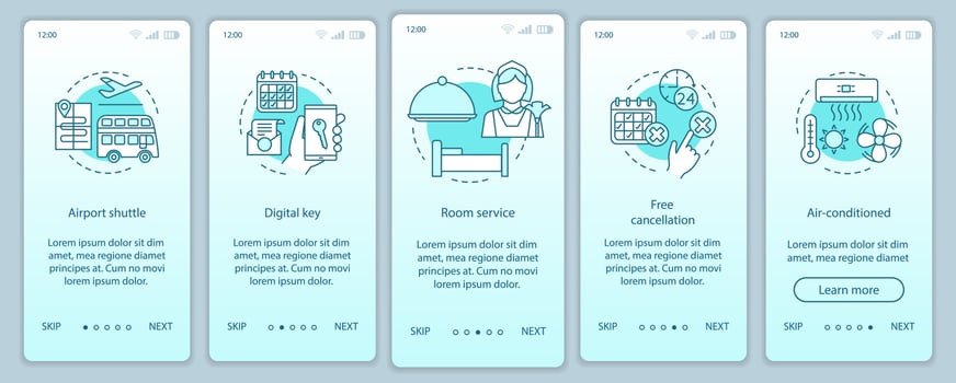Hotel services onboarding mobile app page screen vector template. Airport shuttle, free cancellation. Walkthrough website steps with linear illustrations. UX, UI, GUI smartphone interface concept