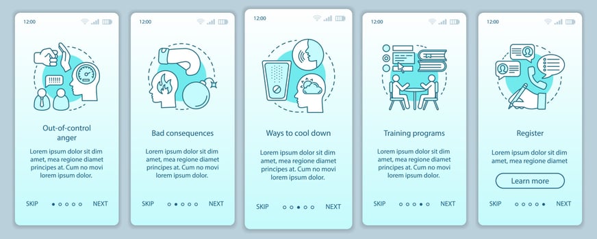 Anger management onboarding mobile app page screen vector template. Out-of-control anger, cool down ways. Walkthrough website steps with linear illustrations. UX, UI, GUI smartphone interface concept