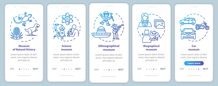 Exhibition and museum onboarding mobile app page screen vector template. Natural history. Walkthrough website steps with linear illustrations. UX, UI, GUI smartphone interface concept