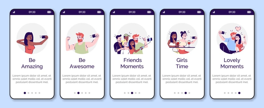 Selfie onboarding mobile app screen vector template. Taking bright self photo on smartphone. Walkthrough website steps with flat characters. UX, UI, GUI smartphone cartoon interface concept