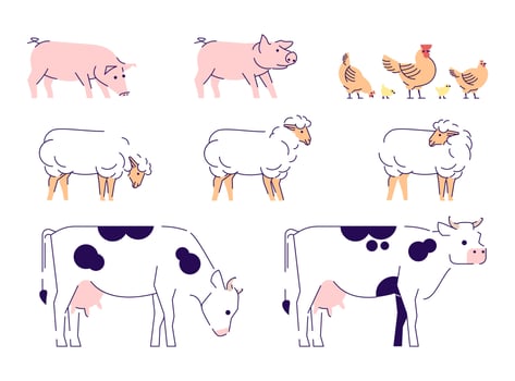 Domestic animals flat vector illustrations set. Livestock, husbandry farming isolated design elements with outline. Cows, sheeps, pigs and chickens. Dairy, poultry farm. Barnyard animals collection