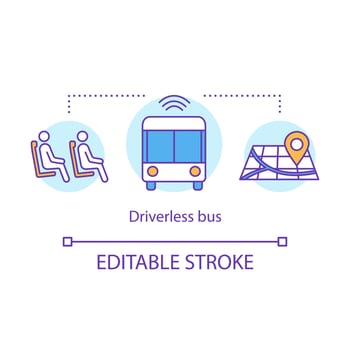 Driverless bus concept icon. Track route of transport. Transportation of passengers in bus with Wi-Fi idea thin line illustration. Vector isolated outline drawing. Editable stroke