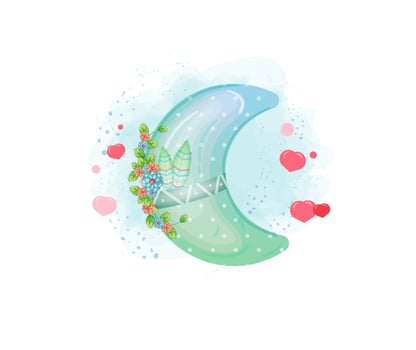 Cute gradient moon with floral decoration. Boho element moon decoration vector