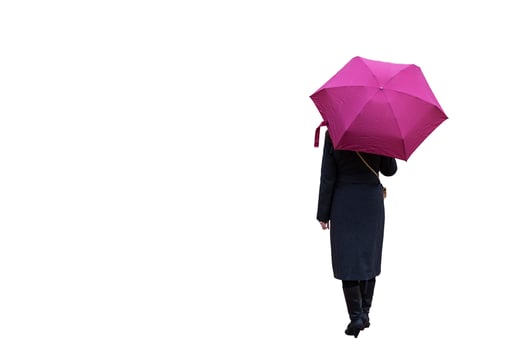 A girl with an umbrella on a white background is standing with her back. photo
