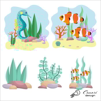 Set of aquatic composition with underwater inhabitants, isolated clipart, design elements on white background stock vector illustration. Vector illustration