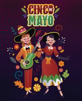 A Man And Woman Playing Guitar And Dancing Celebrating Cinco De Mayo vector