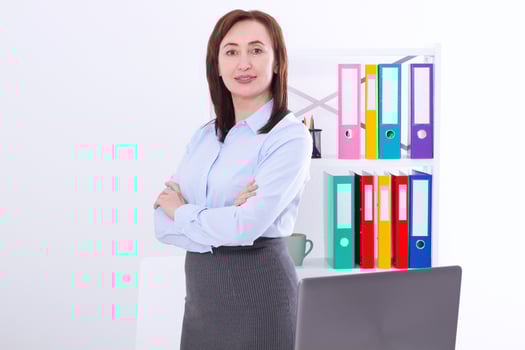 Modern and stylish business woman in the office with copy space and mock up. Teacher at university photo
