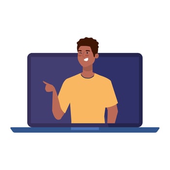 online party, man afro have online party in quarantine, party web camera online holiday in laptop vector