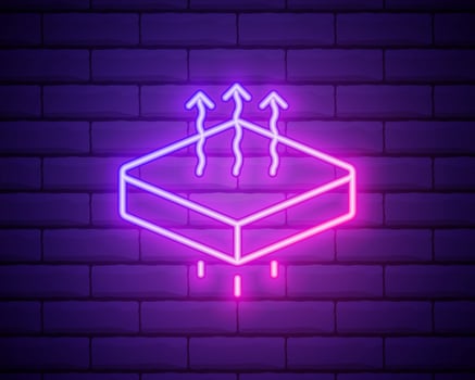 Orthopedic bed mattress neon light icon. Memory foam, latex, innerspring mattress. Bedding. Vector isolated illustration