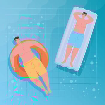 men in shorts, in lying down on inflatables floats in the pool vector
