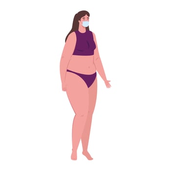 cute plump woman in swimsuit purple color, wearing medical mask, covid 19 summer vacation vector