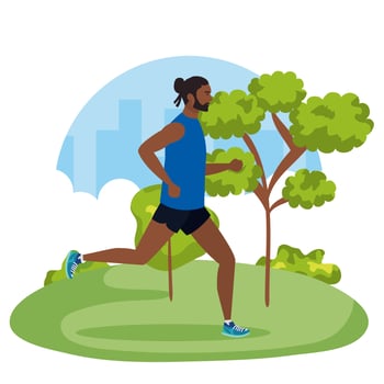 man afro running in the nature, male afro athlete outdoor, man afro running in park vector