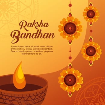 greeting card with decorative set of rakhi hanging and candle light for raksha bandhan, indian festival for brother and sister bonding celebration vector
