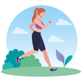 woman running on grass, woman in sportswear jogging, female athlete outdoor vector