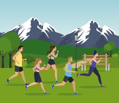 people jogging mountainous landscape, people running outdoor avatar characters vector