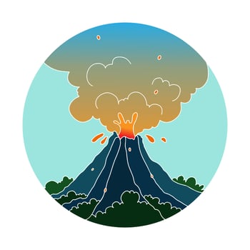 Volcano erupting. Cartoon Style Vector Illustration volcano eruption with hot lava and smoke.