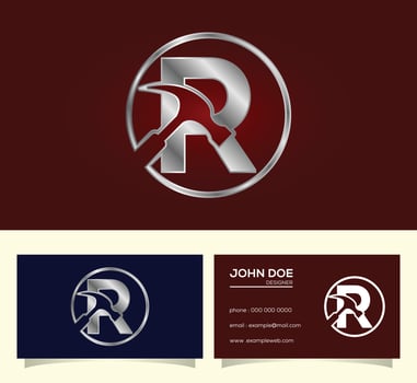 Initial R monogram letter alphabet with a Hammer. Repair, renovation, and construction logo. vector