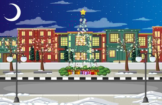 Winter snowy night city with Christmas decorations vector