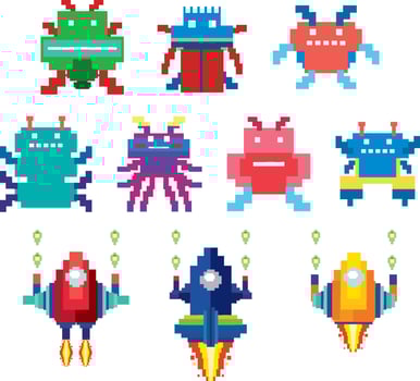 Set of pixel game monster characters isolated vector