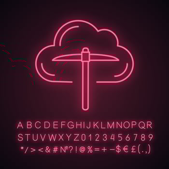 Cryptocurrency cloud mining service neon light icon. Crypto mining. Cryptocurrency business. Cloud with pickaxe. Glowing sign with alphabet, numbers and symbols. Vector isolated illustration