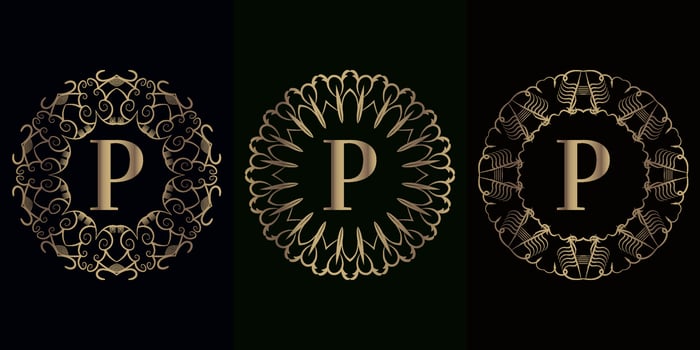 Collection of logo initial P with luxury mandala ornament frame vector