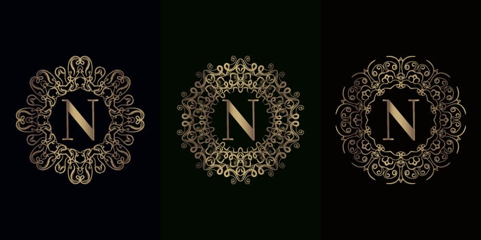 Collection of logo initial N with luxury mandala ornament frame vector