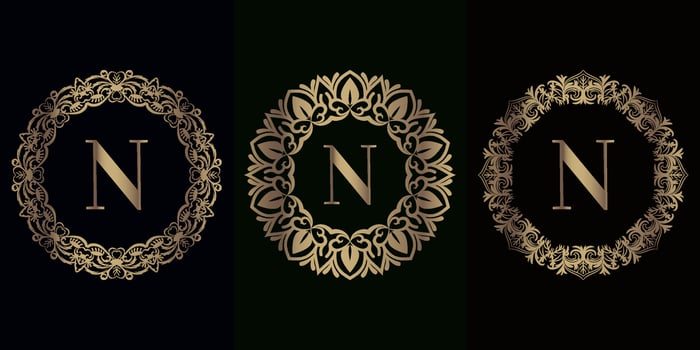 Collection of logo initial N with luxury mandala ornament frame vector