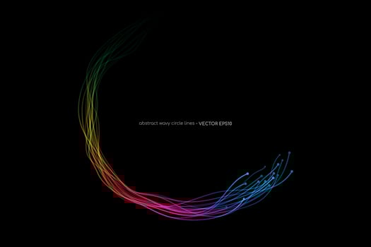 Abstract wavy dynamic spectrum light lines circle swirl round frame isolated on black background in concept technology, neural network, neurology, science, music vector