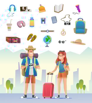 Couple travelers character with travel equipment vector illustration