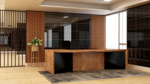 3D Rendering Futuristic Reception Room or Front Desk Mockup photo